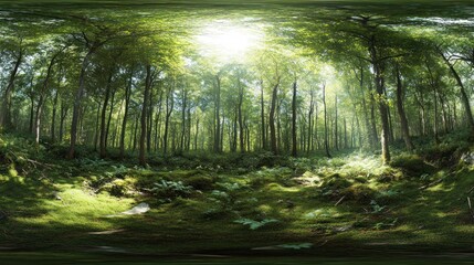 Obraz premium Sunlit forest 360 panorama, mossy ground, VR background