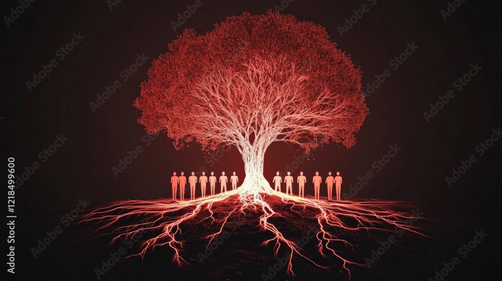Aufkleber abstract representation of a glowing tree with red roots and silhouetted figures standing below it a