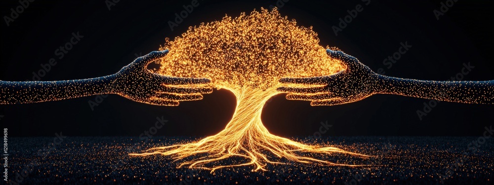 Poster hands creating light tree with glowing particles and sparkles in dark background