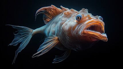 Fototapeta premium A deep-sea anglerfish glowing in the pitch-black abyss, its bioluminescent lure shining brightly,
