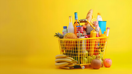 Shopping basket full of grocery products food