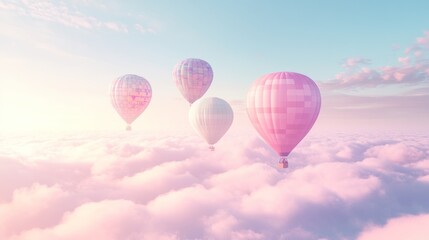 Naklejka premium Pink hot air balloons soar above clouds at sunrise; dreamy travel poster