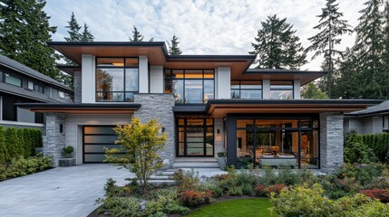 Fototapeta premium Modern luxury house with bold architecture, large windows, and a white background for emphasis.