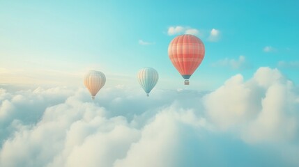 Fototapeta premium Three hot air balloons soar above fluffy clouds at sunrise, idyllic travel scene