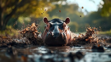 A hippo emerging from a muddy river, with water droplets sparkling in the sunlight,