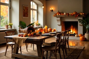 Rustic autumn harvest table setting with cornucopia, pumpkins, and candles near a warm fireplace.