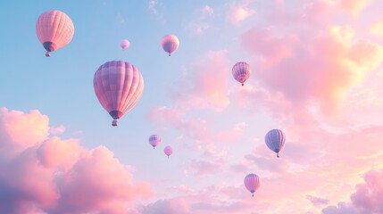 Fototapeta premium Pastel hot air balloons soar, sunrise sky, travel poster