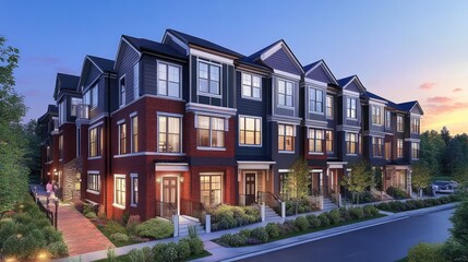 Obraz premium Modern luxury living: sleek townhouses and villas with premium finishes and exclusive amenities in a vibrant setting.