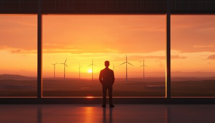 Fototapeta premium Silhouette of a Man Contemplating a Sunset over a Wind Turbine Field