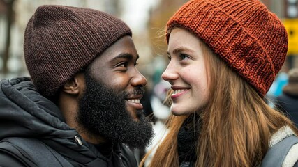 Couple sharing a joyful moment in winter attire during a chilly day in an urban setting
