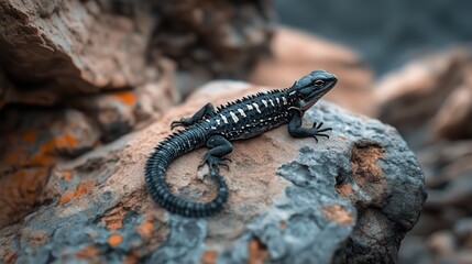 A lizard sunbathing on a warm rock in a desert environment, with its tail curling gracefully,