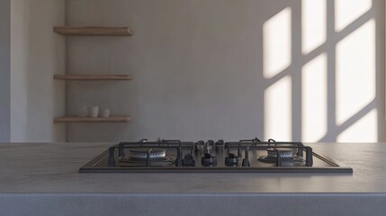 Contemporary kitchen countertop with gas stove and natural light from the window