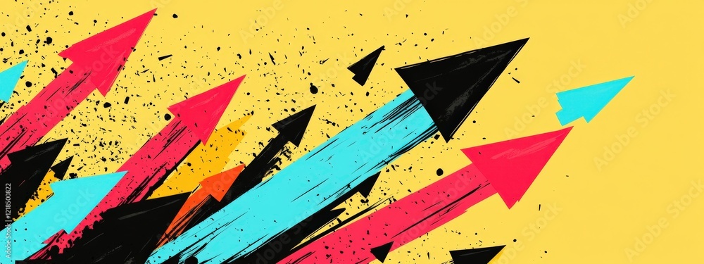 Poster dynamic colorful arrows with abstract splatter on a bright yellow background for creative concepts