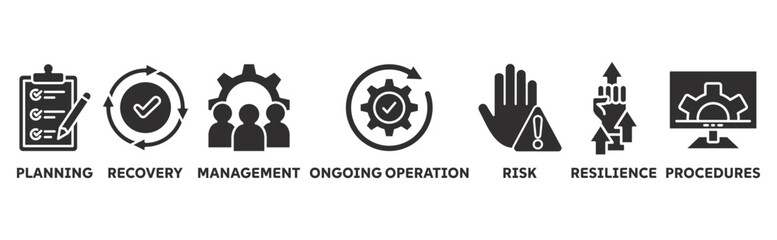 Business Continuity icon set illustration concept with icon of planning, recovery, management, ongoing operation, risk, resilience, procedures 