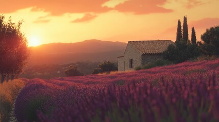 Golden Hour Serenity Lavender Field and Farmhouse Silhouette at Sunset