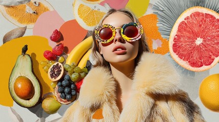 Woman in fur coat, fruit collage backdrop, sunglasses, vibrant studio shot, fashion campaign