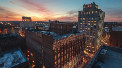 A rooftop view of the city reveals the skyline at dusk.