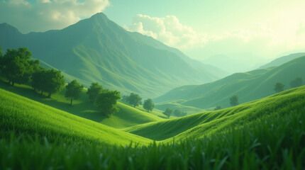 Obraz premium Micro Photography of Abstract Green Landscape with Hills and Mountains: Wallpaper Background Design