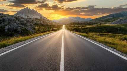 Naklejka premium Picturesque mountain road in the Dolomites, Italy, colorful summer sunset, vibrant clouds, and rocky landscape.