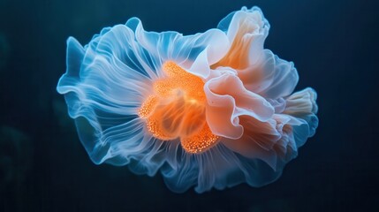 Fototapeta premium A close-up of a glowing plankton in deep blue ocean waters, creating an ethereal underwater scene,