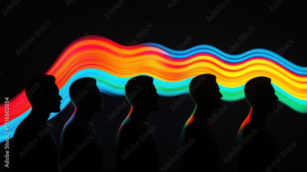 Poster abstract silhouettes of people with colorful wave design in background representing diversity and cr