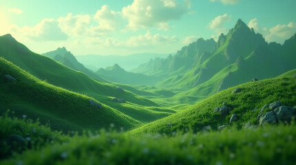 Fototapeta premium Micro Photography of Abstract Green Landscape with Hills and Mountains: Wallpaper Background Design