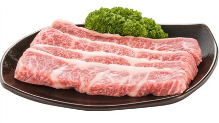Fototapeta premium Premium marbled beef slices displayed neatly with complementary green herbs, ideal for a gourmet meal.