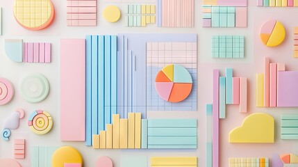 Obraz premium Professional financial analysis: paperwork with colorful graphs and charts, designed in a pastel theme.