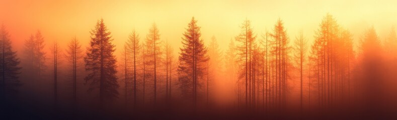 Obraz premium Serene Sunrise Over Misty Forest with Tall Pine Trees Casting Shadows in Warm Orange and Yellow Hues, Creating a Peaceful and Tranquil Landscape