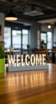 A 'welcome' sign on a desk symbolizes a friendly onboarding process in a modern office.
