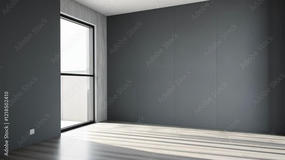 Poster bright minimalist room with sunlight streaming through large window, creating shadows and emphasizin