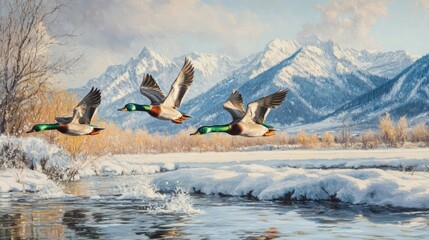 Three Five Geese Soaring Over Foggy Hills