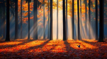 Sunlit Autumn Forest Path with Colorful Leaves
