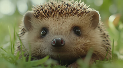 Fototapeta premium Close-up of a cute hedgehog's face with a curious expression, soft background of green grass, Ai generated images