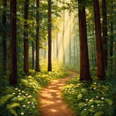 Obraz premium Sunlit Path Through a Lush Green Forest