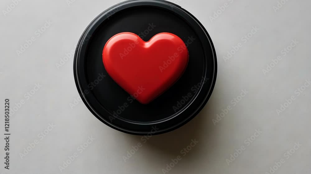 Poster heart-shaped object on a black circular base in a minimalistic setting