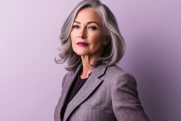 Fototapeta premium Smart older woman in a tailored jacket, isolated on soft lavender background.