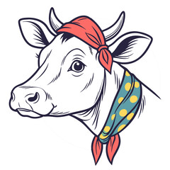 Cow head with a bandana vector art illustration.