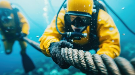 Underwater Divers Working Together on a Deep Sea Exploration Mission