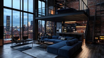 Fototapeta premium A contemporary industrial-style apartment with exposed brick walls, steel stairs, and minimalist decor