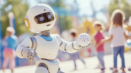 Children play ball with a social robot on a bright, sunny playground, enjoying lively interactions, AI companionship concept