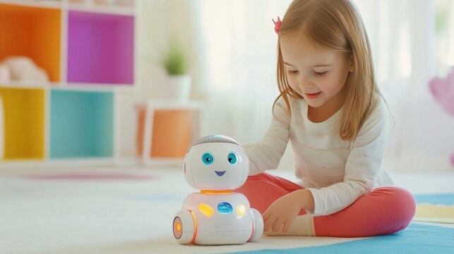 A girl shares a playful moment with a robot in a vibrant room filled with soft daylight, AI companionship concept