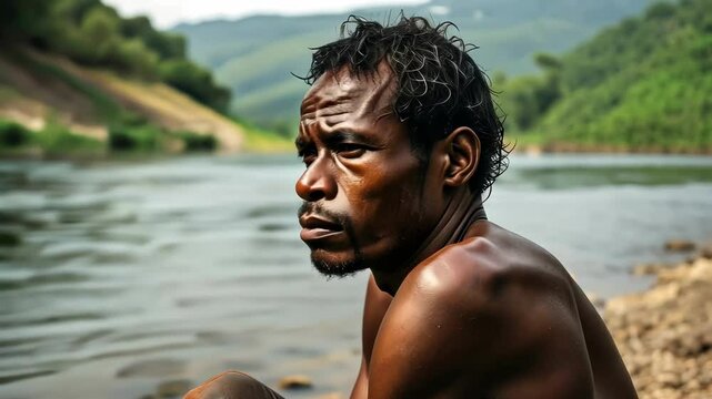 Man sitting by river, contemplating nature in serene landscape, reflecting emotions amidst natural beauty