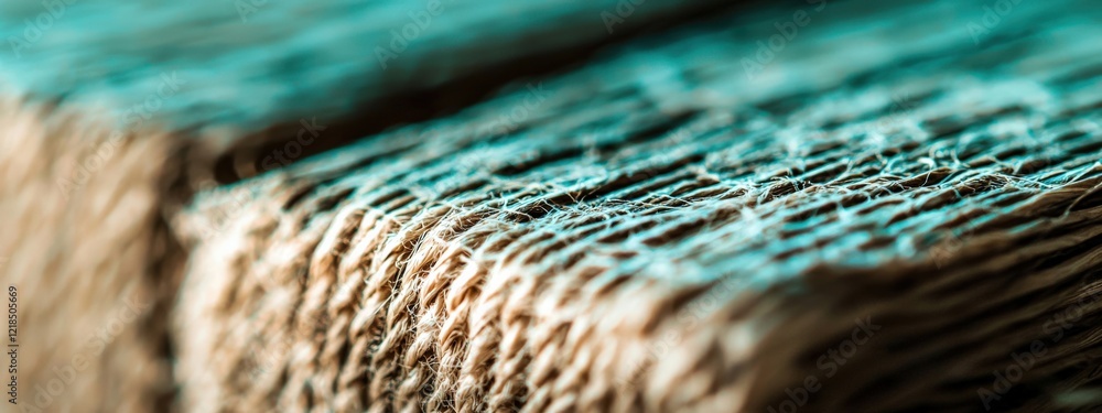 Poster close-up view of natural fiber texture with beautiful turquoise tones and intricate weaving patterns