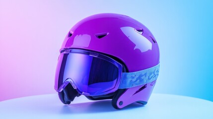 Fototapeta premium Purple ski helmet and goggles on white surface, neon background, winter sports safety