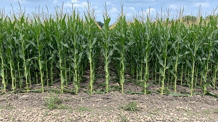 Naklejka premium Lush corn field rows under summer sky, agriculture