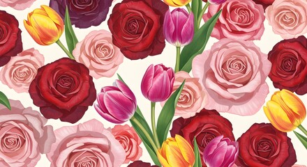 Seamless pattern of roses and tulips with subtle shadows for depth