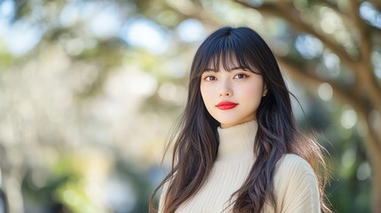 Naklejka premium pretty Asian woman portrait with relax and happy optimistic atmosphere at nature park 