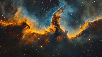 Fototapeta premium Cosmic nebula with vibrant orange and blue hues, showcasing interstellar gas and dust clouds.
