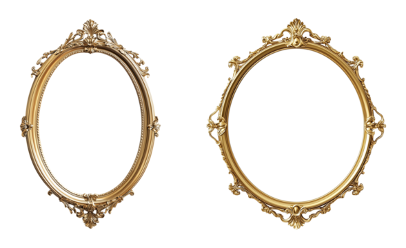 Set of Gold framed mirror with ornate design isolated on a transparent background, cut out